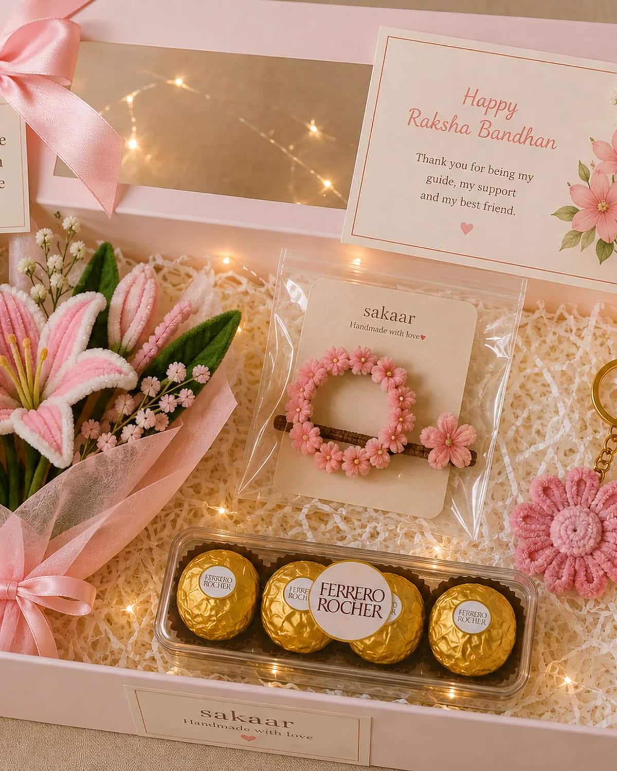 handmade gift box holding chenille flowers, a hair accessory, chocolates and a card, lit with fairy lights