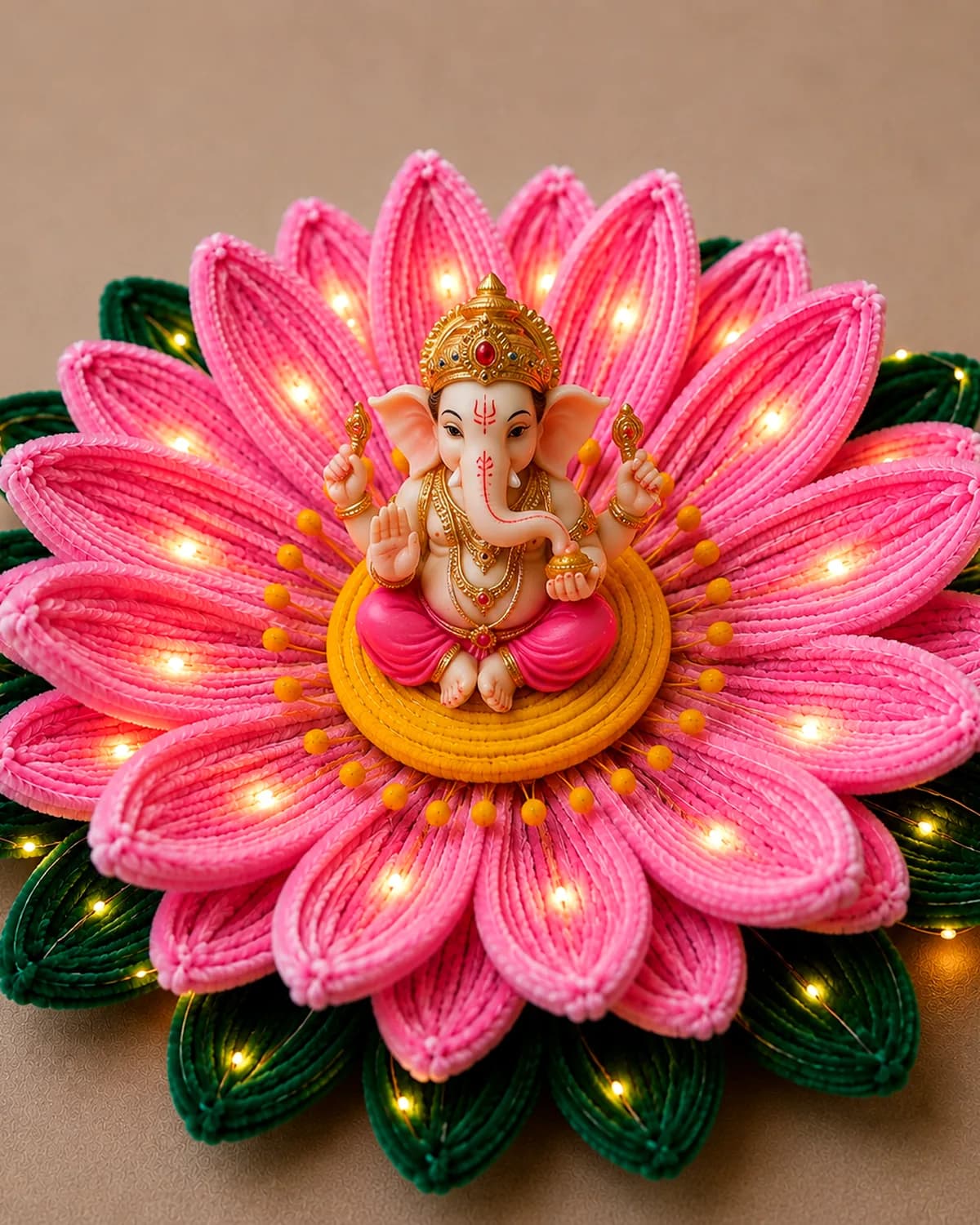 handmade pipe-cleaner lotus lit with warm LEDs, seating a Ganesh idol at its centre — rose pink, view 2