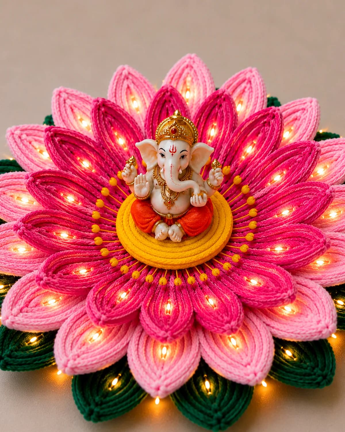 handmade pipe-cleaner lotus lit with warm LEDs, seating a Ganesh idol at its centre