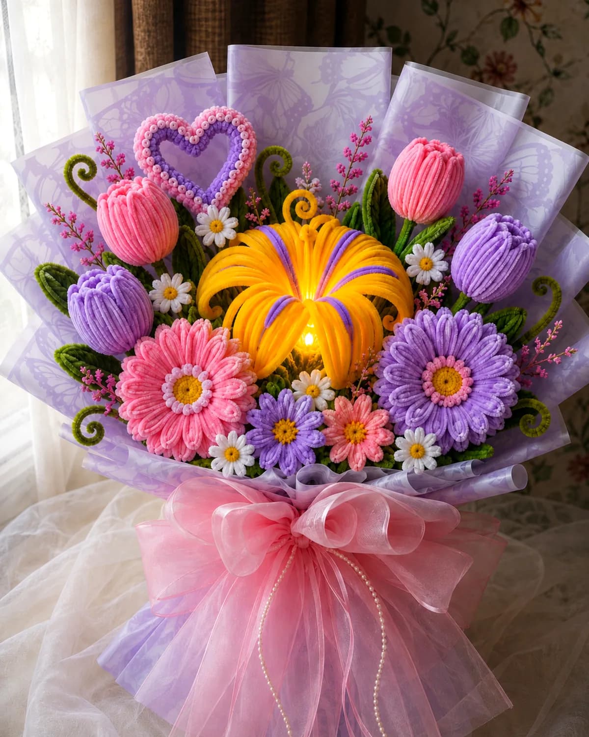 large handmade pipe-cleaner bouquet of gerberas, tulips and daisies, wrapped and tied with tulle