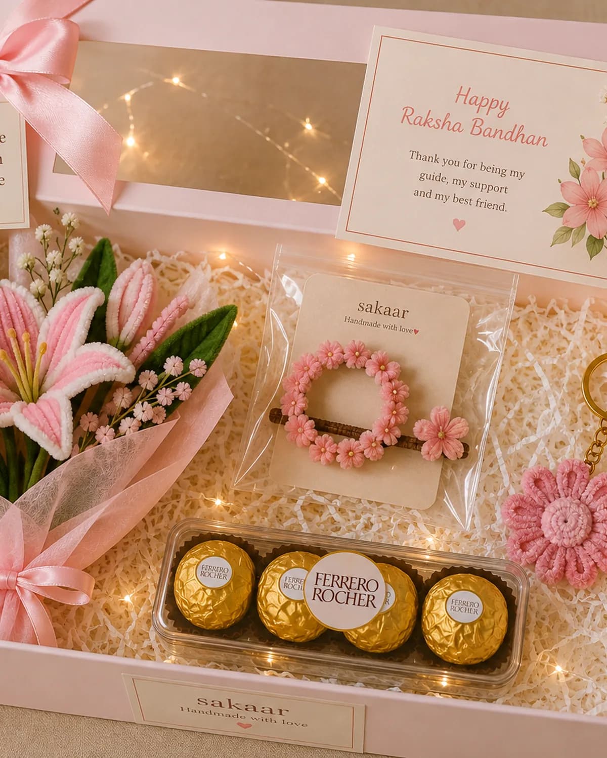 raksha bandhan gift box holding a handmade rakhi, pipe-cleaner flowers, chocolates and a card