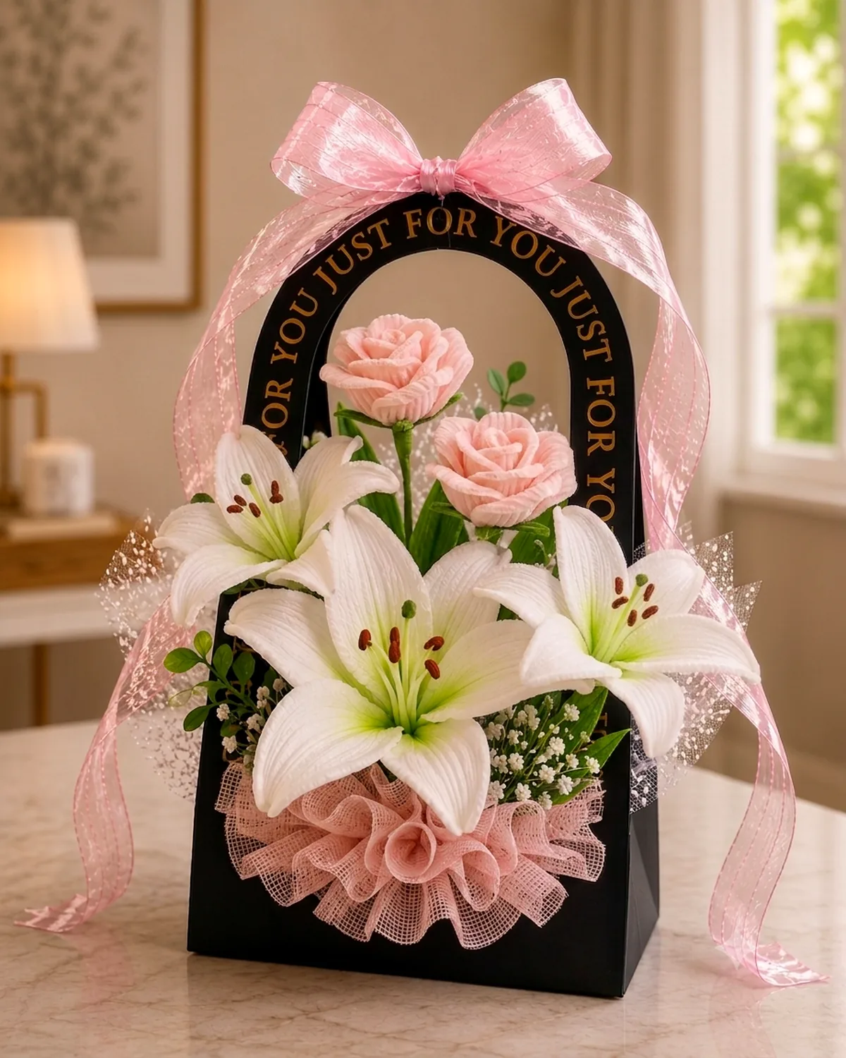 handmade pipe-cleaner flowers standing in an arched gift bag with a ribbon bow — blush roses + lily