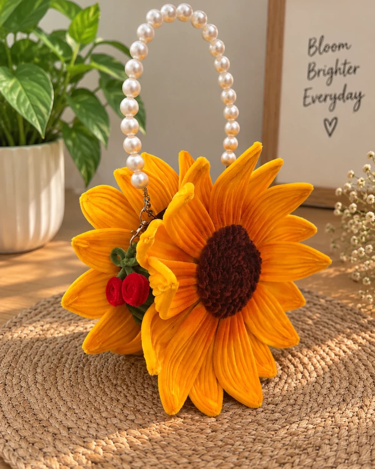handmade chenille sunflower handbag with a pearl bead top handle, a second bloom, and two red chenille cherries on a green stem — a flower-shaped purse for a mehendi or wedding function, view 2